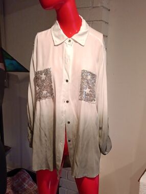Ivory Button-Up Blouse with Silver Sequin Star Pockets